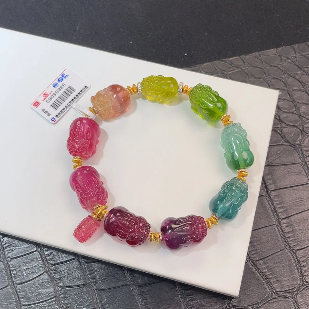 碧玺手链18K金镶嵌 藏品级 色标 貔貅12+mm