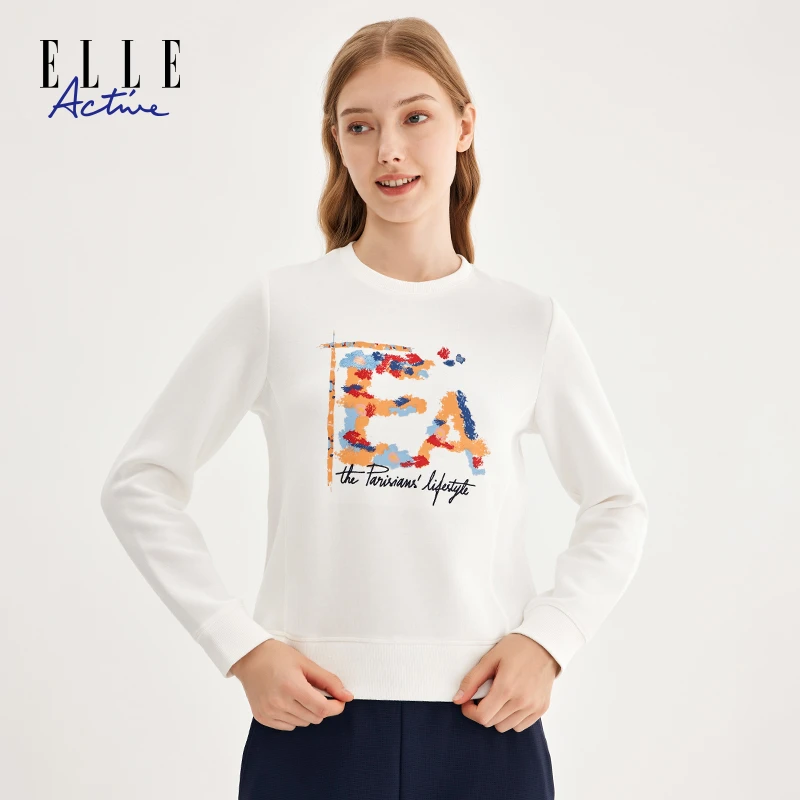 ELLE Active新款刺绣圆领卫衣休闲时尚女士印花百搭上衣秋季女装