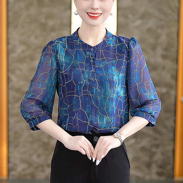9102#春夏季时尚百搭洋气上衣女气质减龄遮肉显瘦印花衬衣