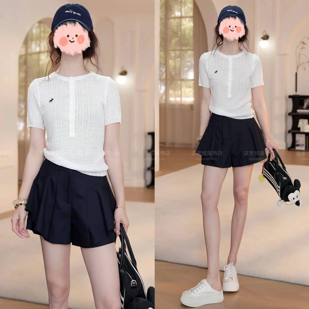 洋气衣服女2025夏季时尚减龄针织短袖T恤上衣显瘦百搭短裤套装女