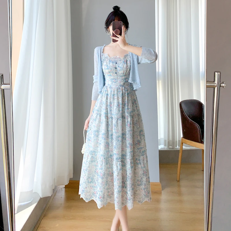 法式收腰显瘦刺绣碎花吊带裙子2025春夏新款气质中长款蛋糕连衣裙