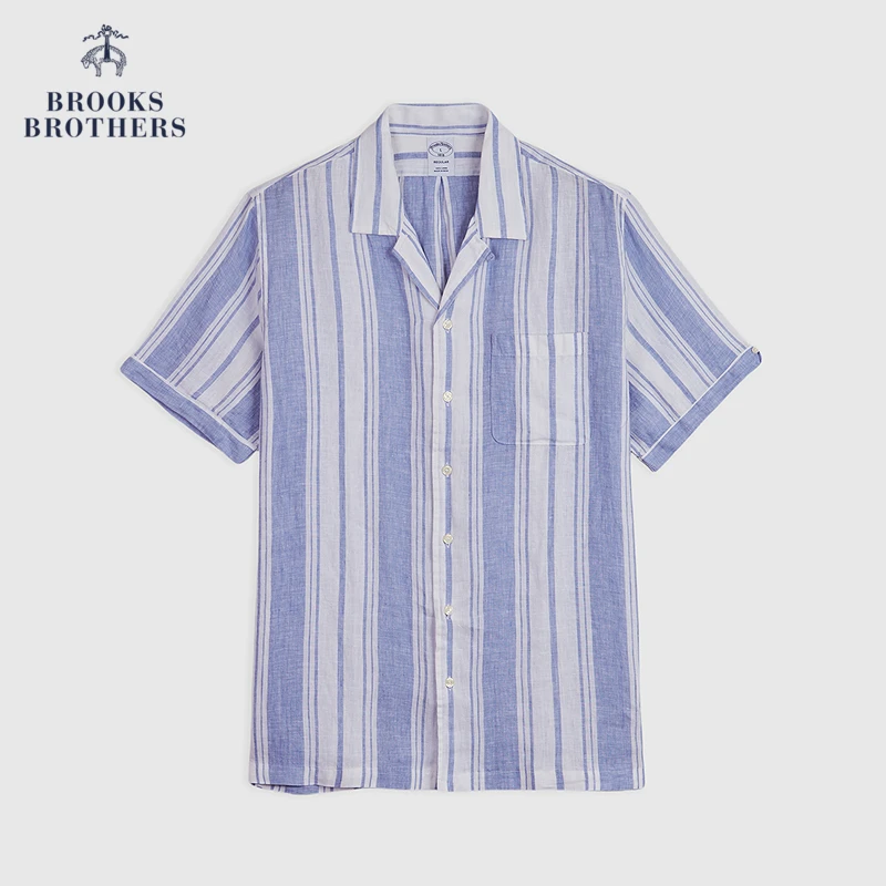 Brooks Brothers/布克兄弟男士25春夏新款亚麻条纹古巴领休闲衬衫