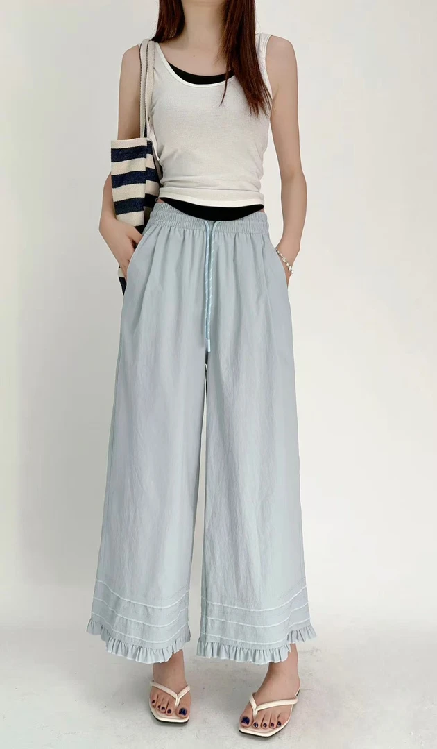 小雅姐姐 夏季新款韩系下摆木耳花边直筒休闲裤IZ35