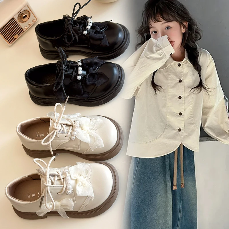 2025春季新款女童时尚甜美花朵皮鞋儿童英伦风公主鞋时装皮鞋667