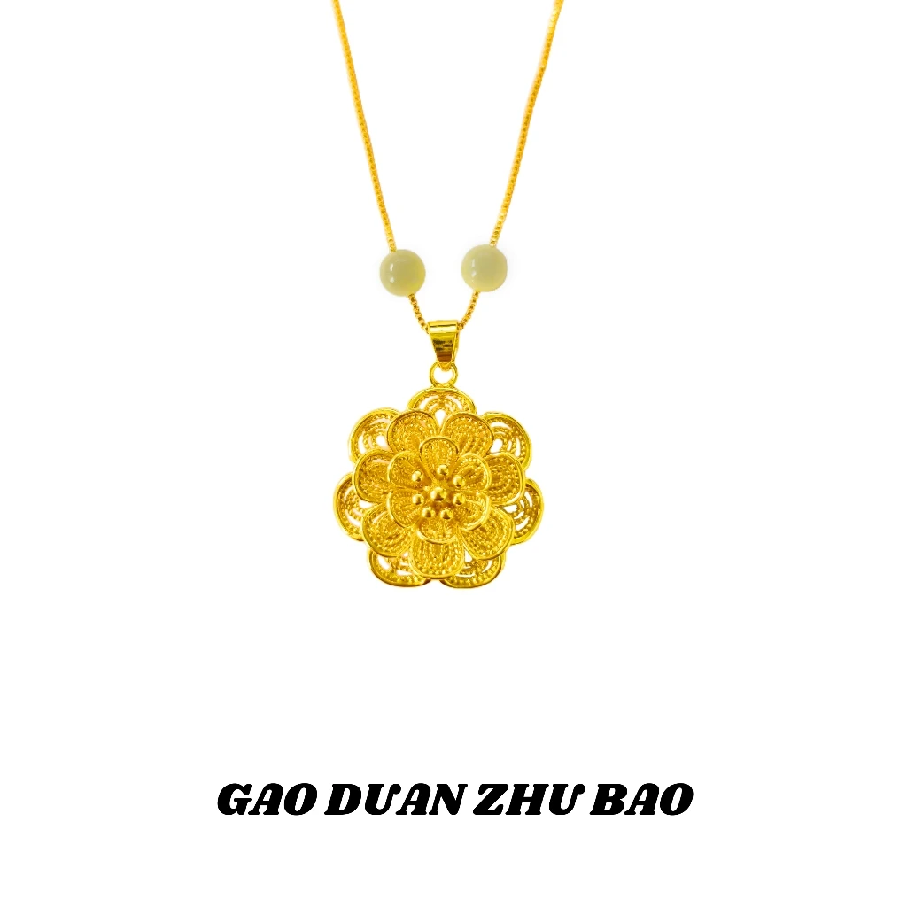 【月总】YHTY014#精美国潮牡丹花和田玉珠合金镶嵌吊坠（赠合金链）