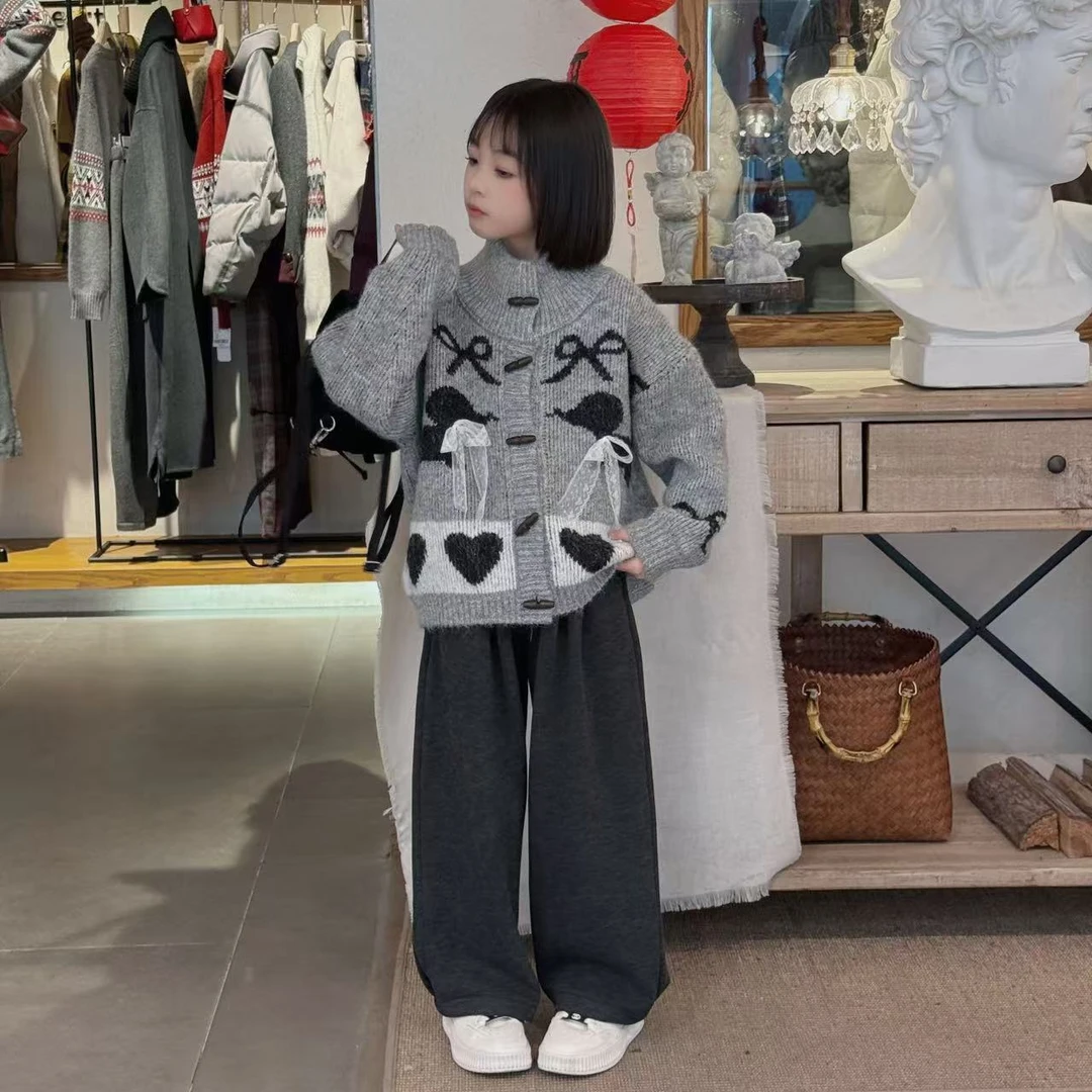 女童2025新款春秋美式复古提花加厚开衫毛衣加绒直筒糯米裤套装