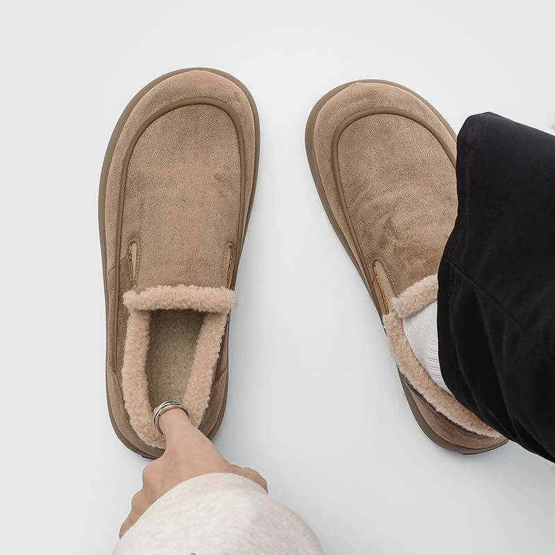 通勤休闲男鞋男一脚蹬乐福鞋平底冬季加绒保暖棉鞋厚底低帮雪地靴