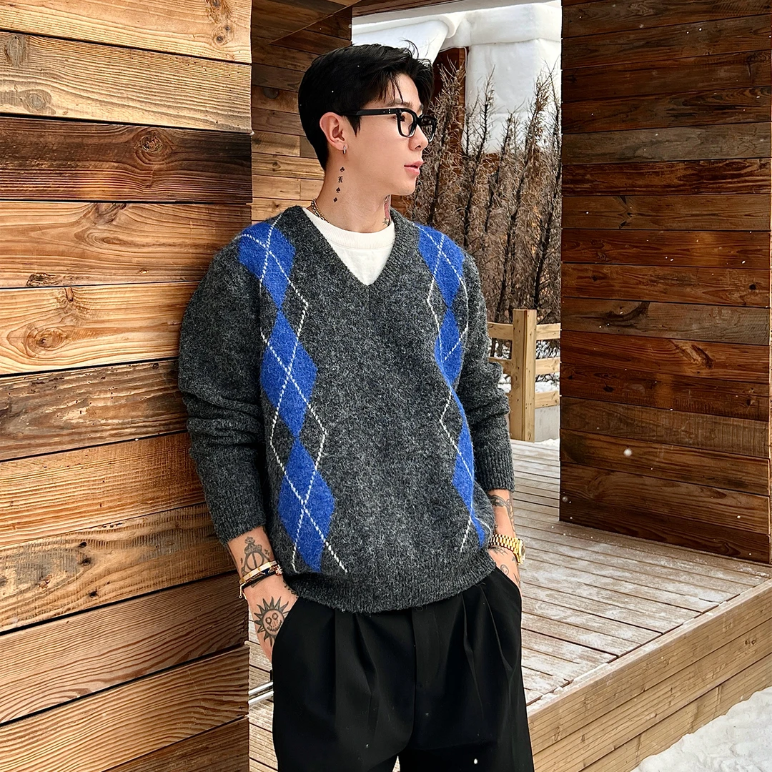 OXFREAK「撞色菱格 羊毛混纺」老钱风v领毛衣男秋冬季套头针织衫