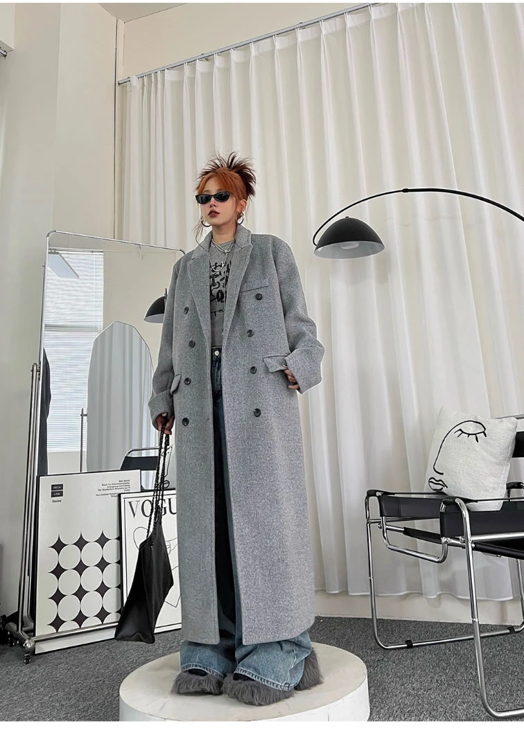 灰色呢子大衣女秋冬新款高级感正肩中长款高个子加长宽松毛呢外套