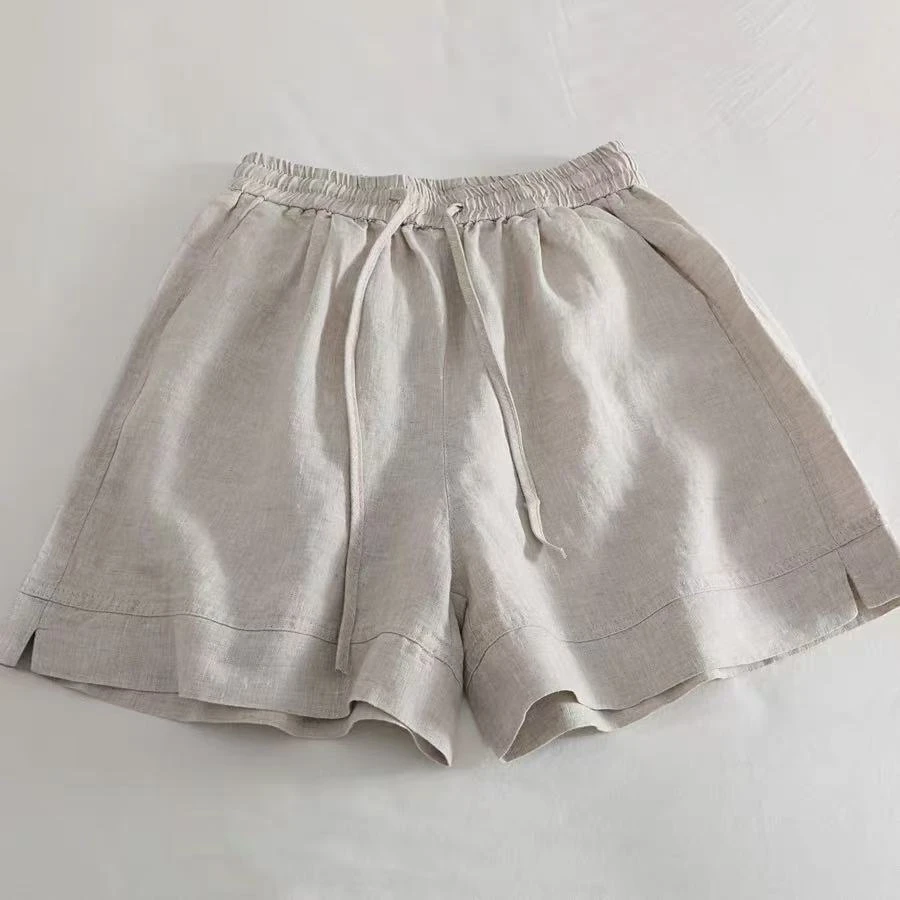 2025夏季亚麻透气松紧腰短裤子外穿薄款系带宽松休闲阔腿五分裤女