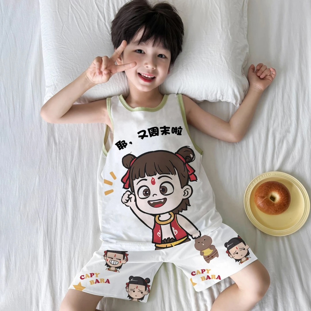 儿童背心套装夏季男孩睡衣纯棉卡通哪吒薄款中大童宝宝无袖家居服