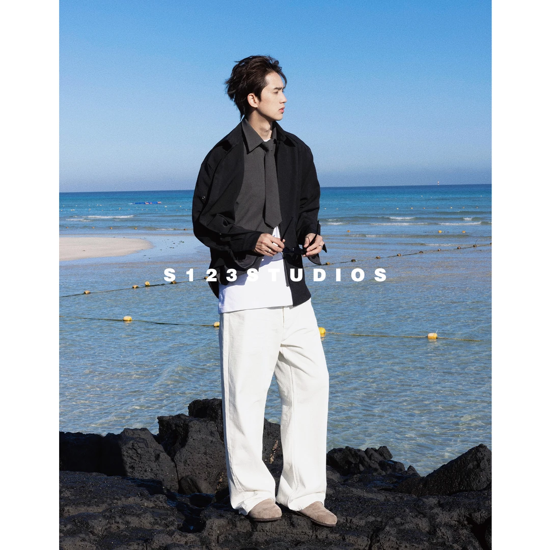 S123 2025早秋新品 假两件拼接领带设计衬衫极简风宽松百搭上衣男