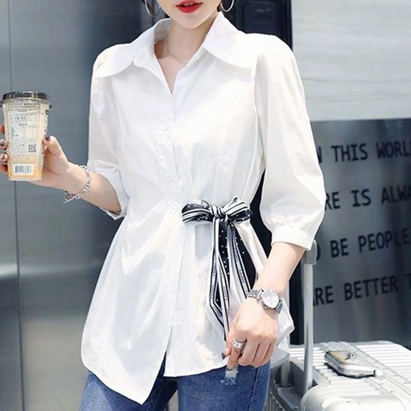 2025春秋季新款时尚显瘦气质七分袖衬衫女士洋气大码减龄收腰衬衣
