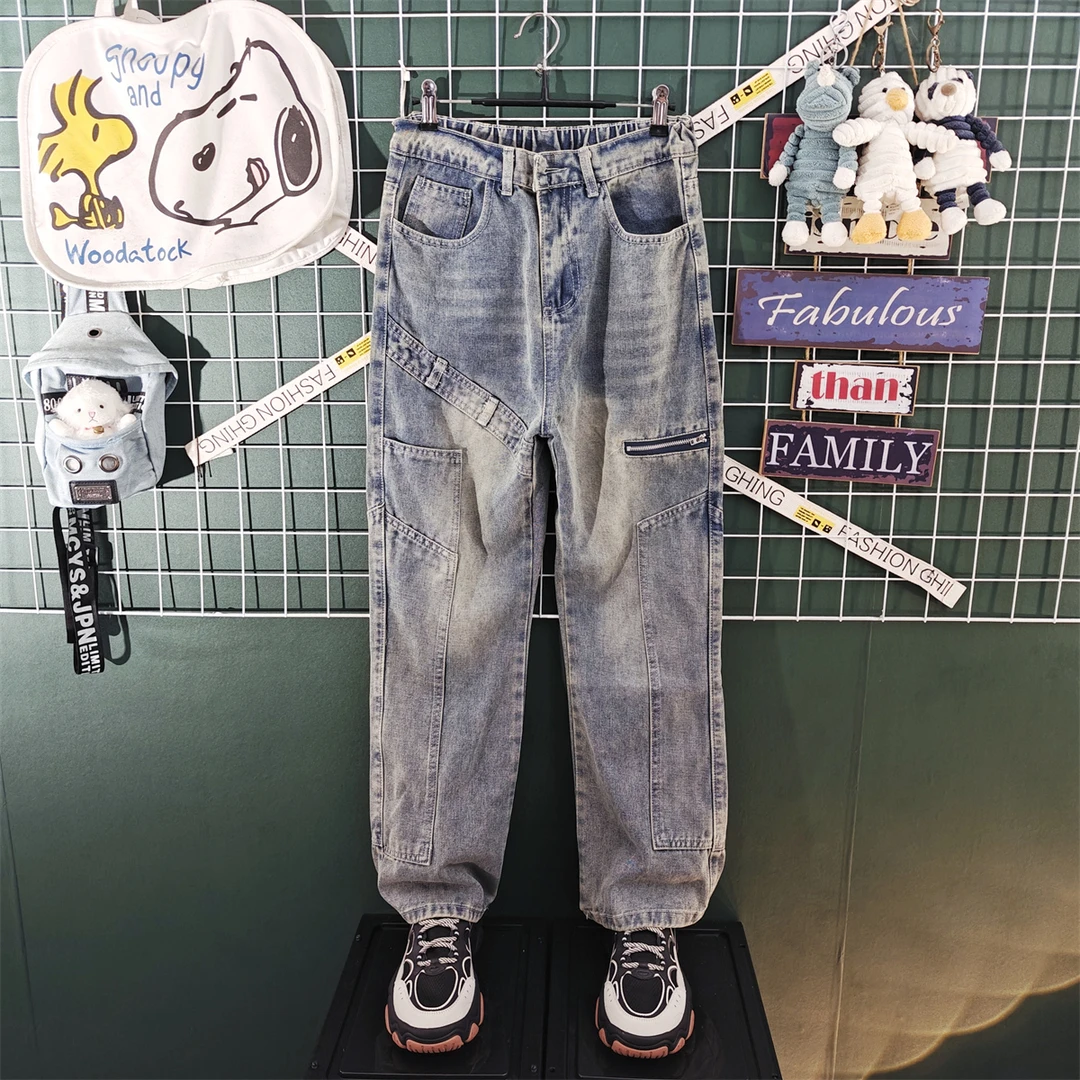 2025春秋新款半松紧腰牛仔裤男潮牌宽松韩版潮流青少年百搭休闲裤