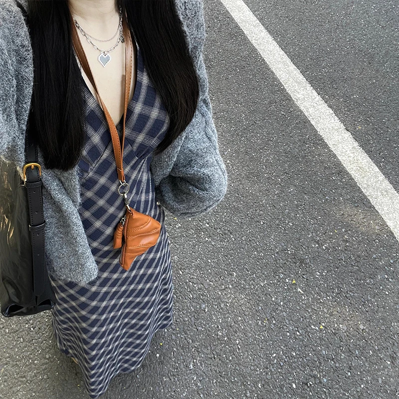 减龄韩系穿搭套装爆款2025新款春季开衫格子连衣裙洋气显瘦