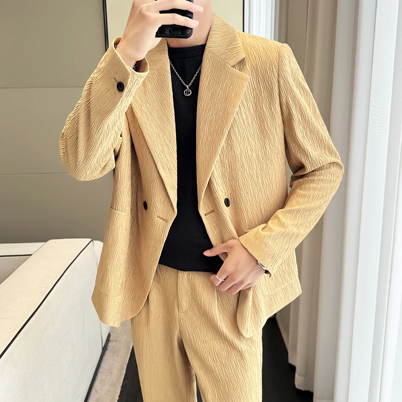 冰丝垂感西服套装2025夏季新款时尚商务休闲肌理感轻奢痞帅男装