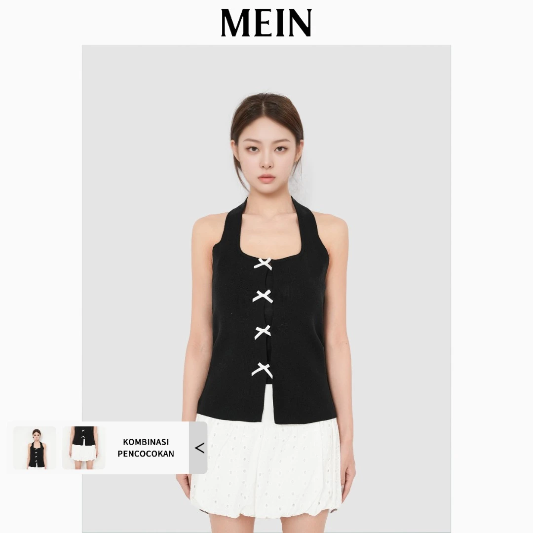 [MEIN] 运动少女系列 女士复古修身设计感黑色蝴蝶结背心 1664