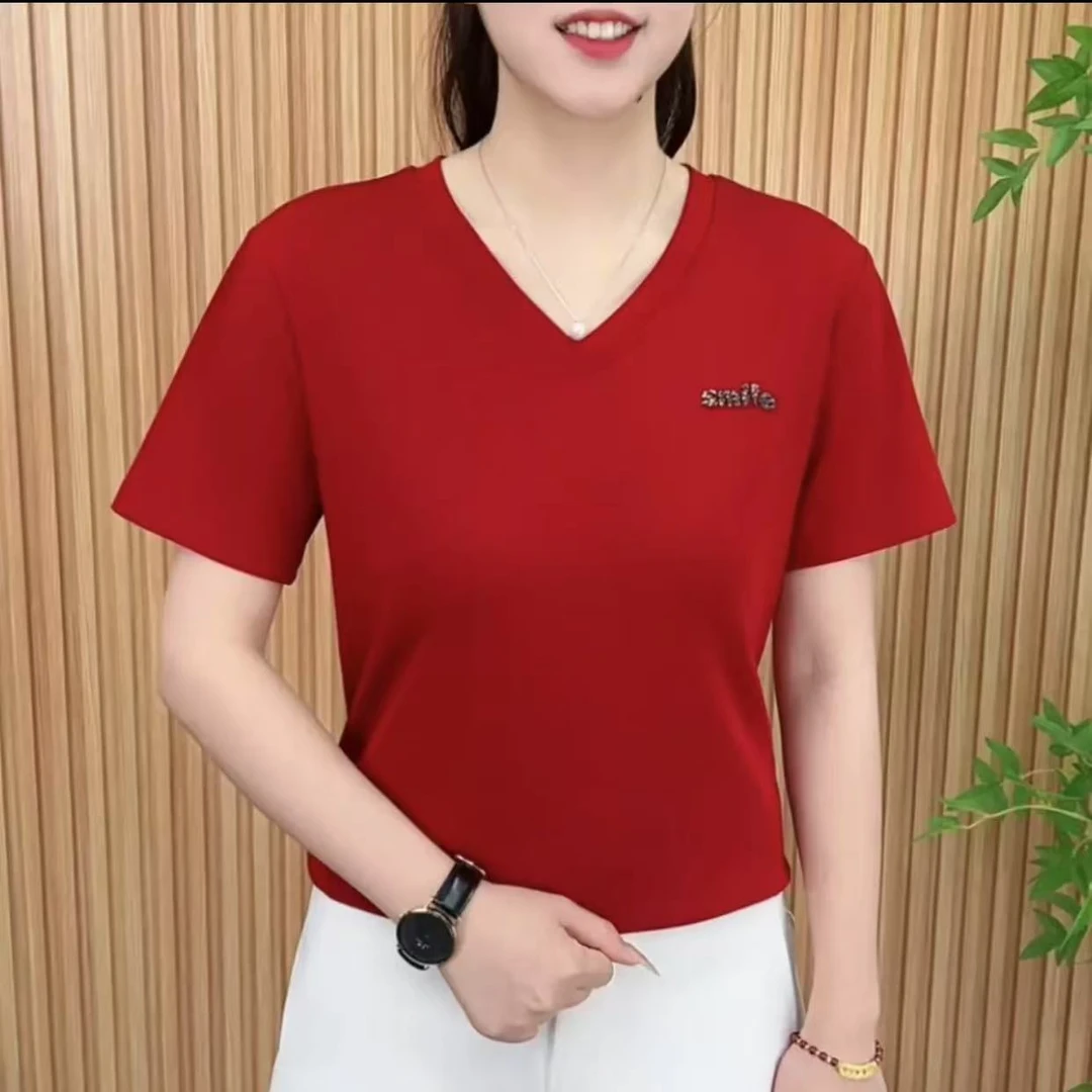 2025新款夏季V领短袖中年妈妈装T恤女纯色时尚洋气宽松显瘦上衣女