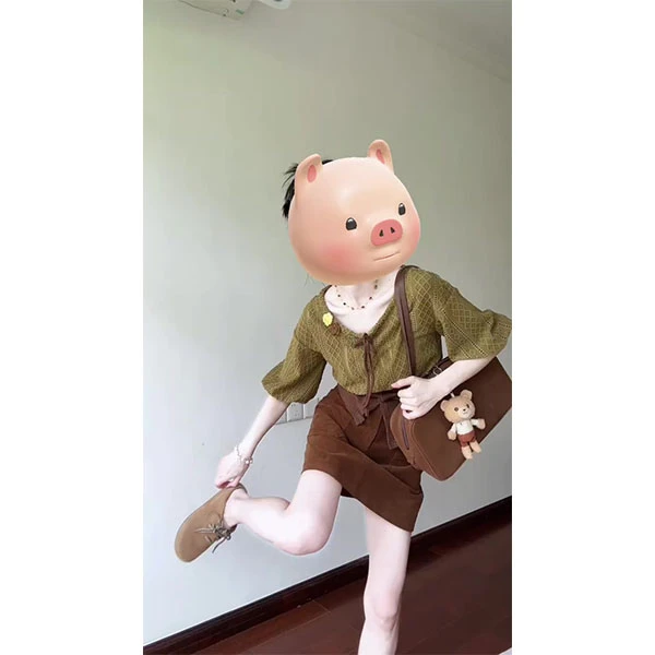 日系菱形镂空花纹灯笼短袖T恤女夏季森系甜美系带上衣+裙子套装