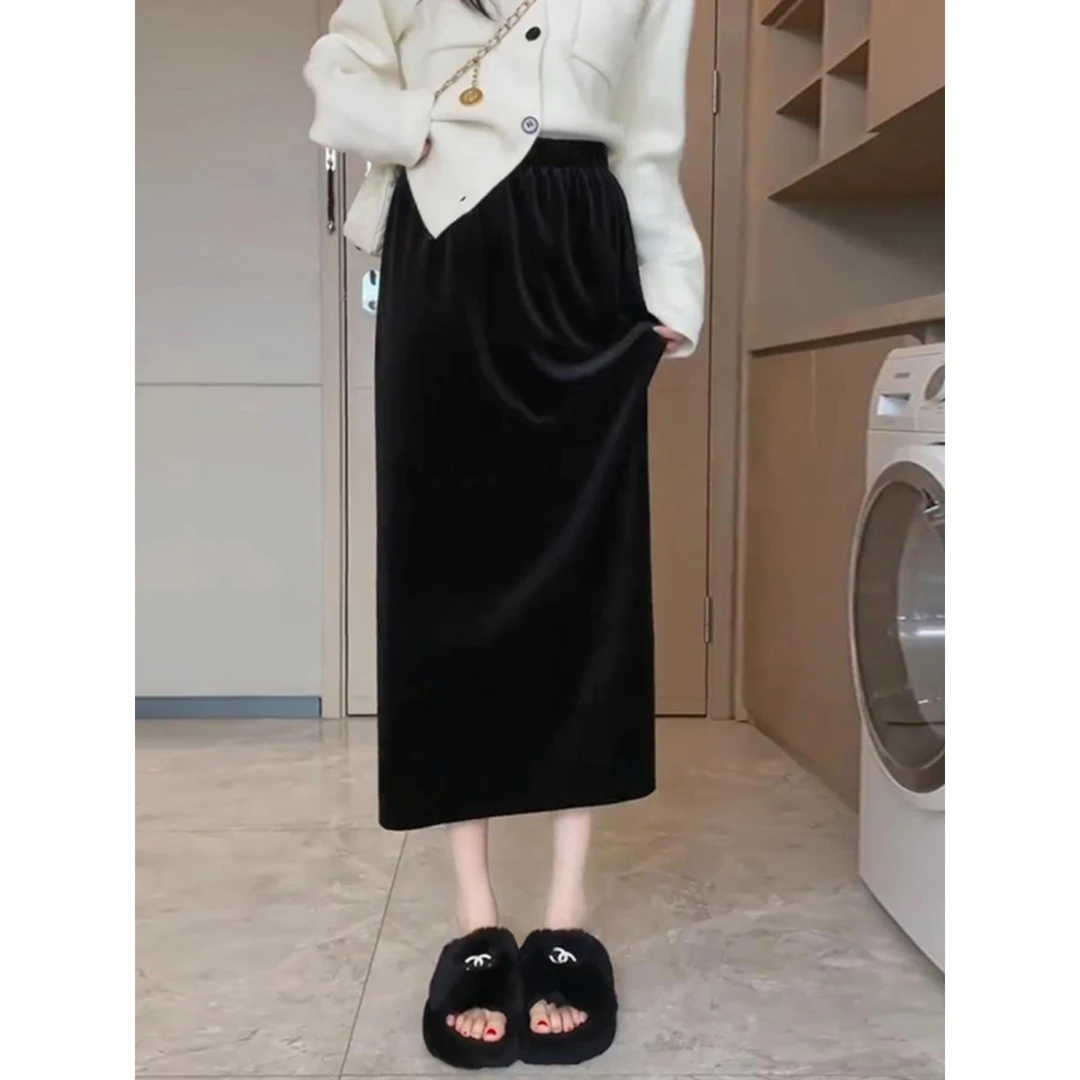 黑色加绒半身裙女2025初秋季新款小个子高级感直筒a字长裙