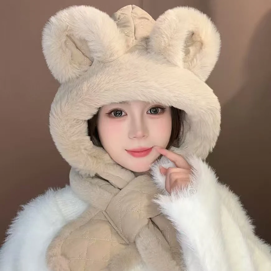 新款防寒时尚百搭可爱小熊帽子围巾一体女加厚加绒防风冬季保暖帽