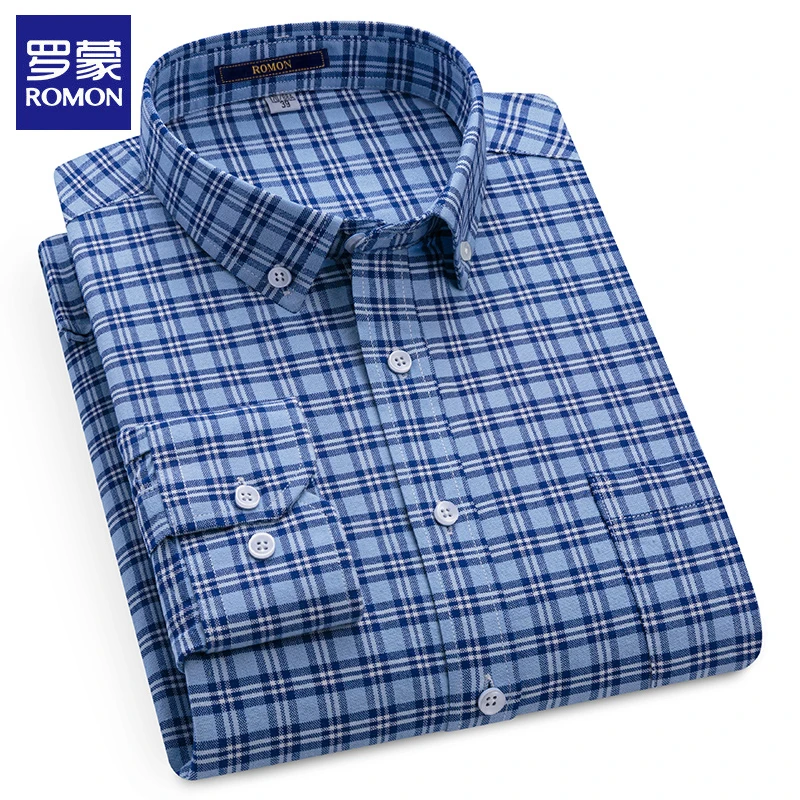 罗蒙纯棉牛津纺长袖衬衫春秋季抗皱免烫寸衣男士格子休闲商务衬衣