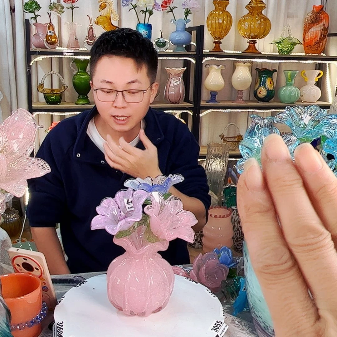 全套夜光3花1瓶家悦琉璃工艺品