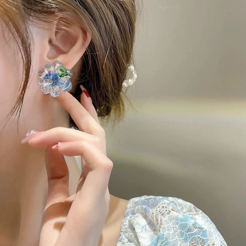 非金属亚克力耳饰 925银针「哑春叩璃」凋零姿态轻叩水晶耳饰 J-073