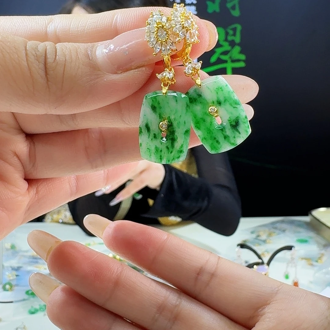 翡翠银S925镶嵌耳饰925镶嵌有纹