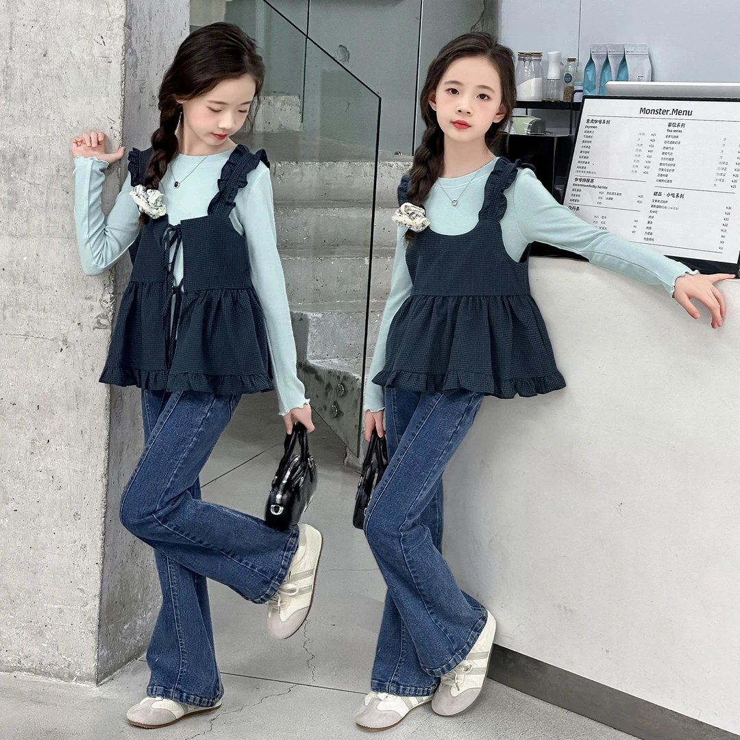 女童秋季套装弹力牛仔裤新款时尚洋气纯色秋季搭配新款时髦三件套