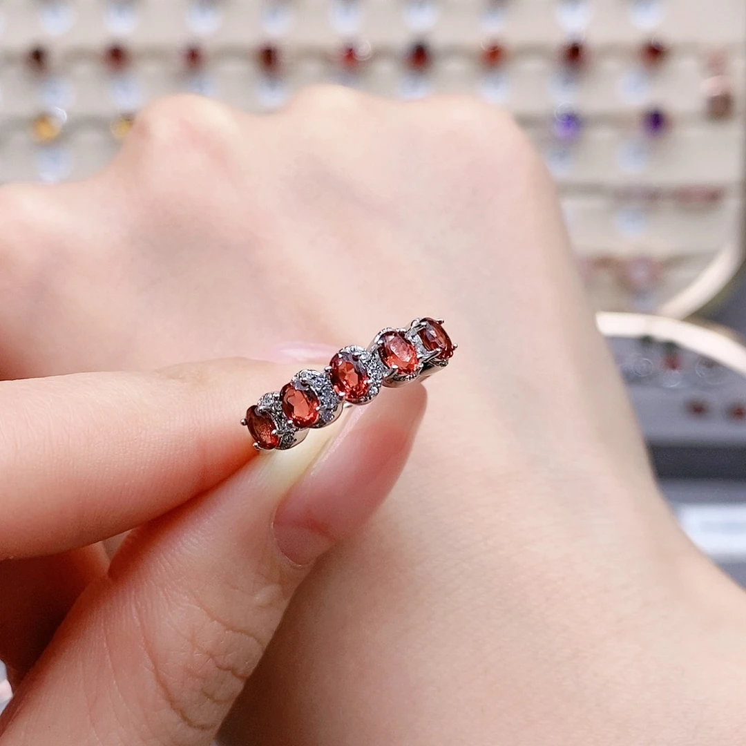 石榴石戒指银S925镶嵌戒指