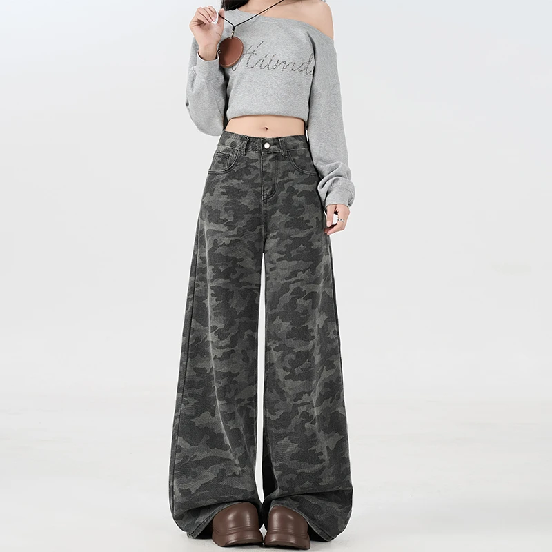 美式高街迷彩工装牛仔裤女秋冬新款高腰遮肉休闲hiphop直筒阔腿裤