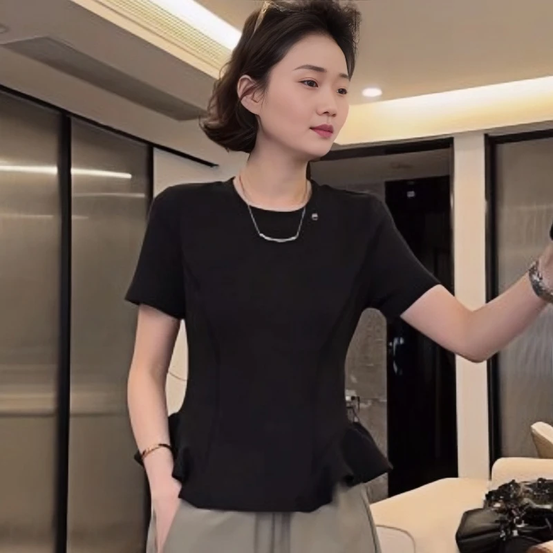 设计感别致荷叶边短袖T恤女2025夏季大码胖MM修身显瘦打底衫上衣