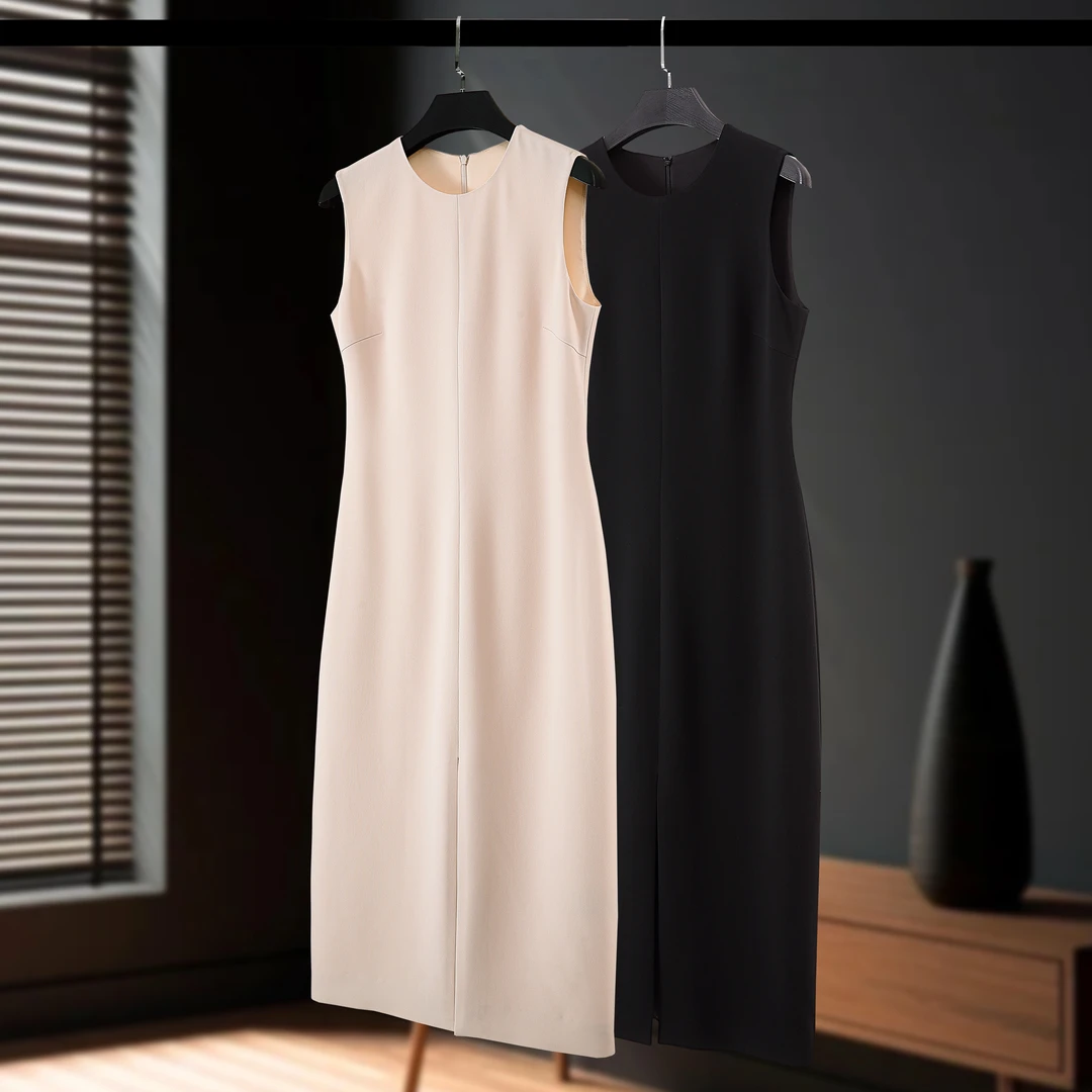 无袖中腰显瘦气质三醋酸长裙轻职风连衣裙打底宽松纯色吊带裙女士