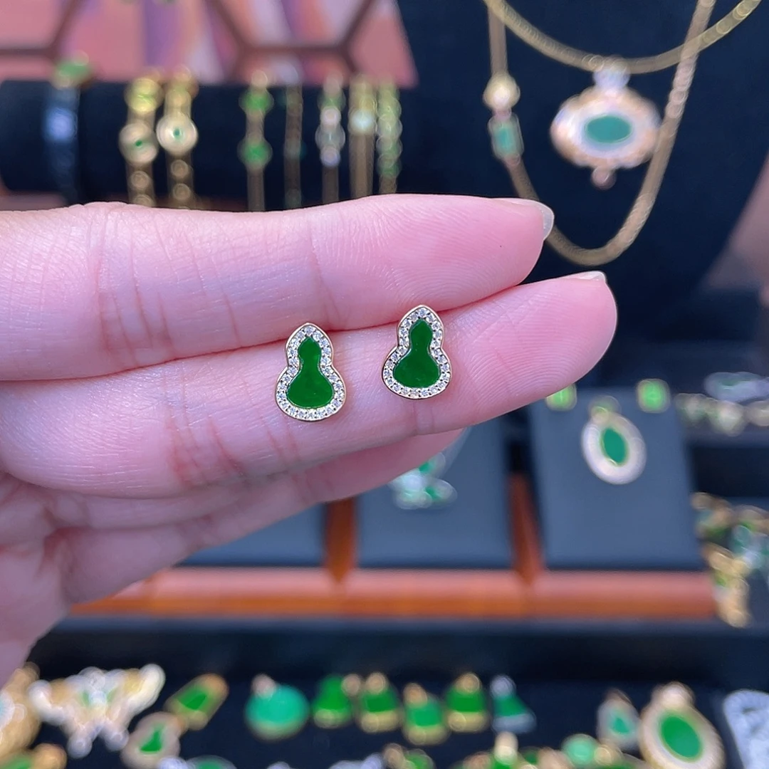 翡翠银S925镀金镶嵌耳饰