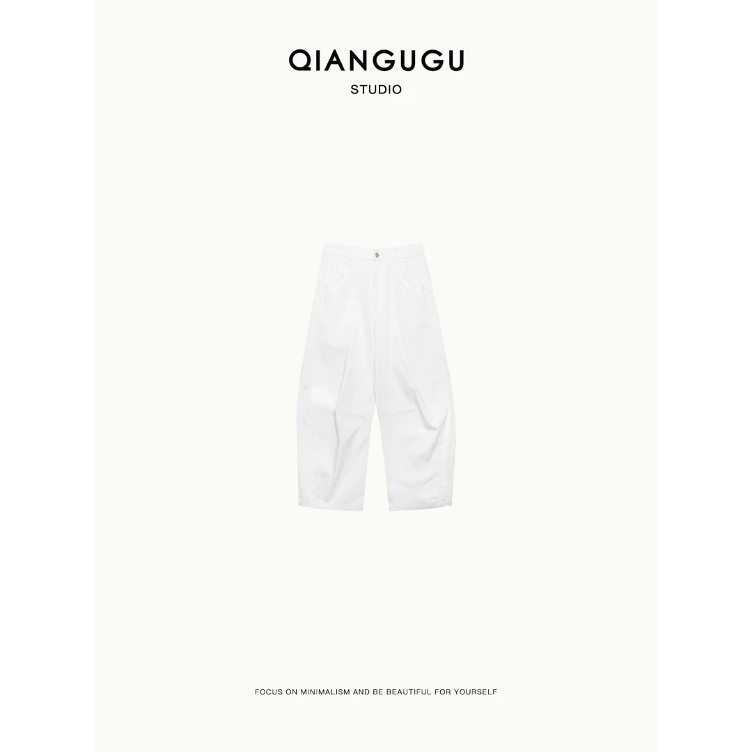 钱谷谷 春季简约宽松显瘦双口袋白色休闲裤镰刀牛仔裤 Q24031236