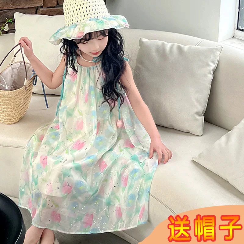 【送帽子】女童夏装时尚吊带连衣裙2025新款甜美无袖公主裙