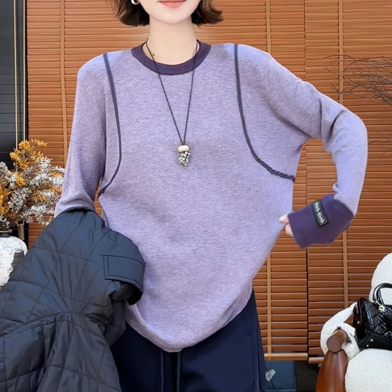 洋气减龄时尚圆领拼接针织衫女2025秋季新款休闲简约通勤慵懒上衣