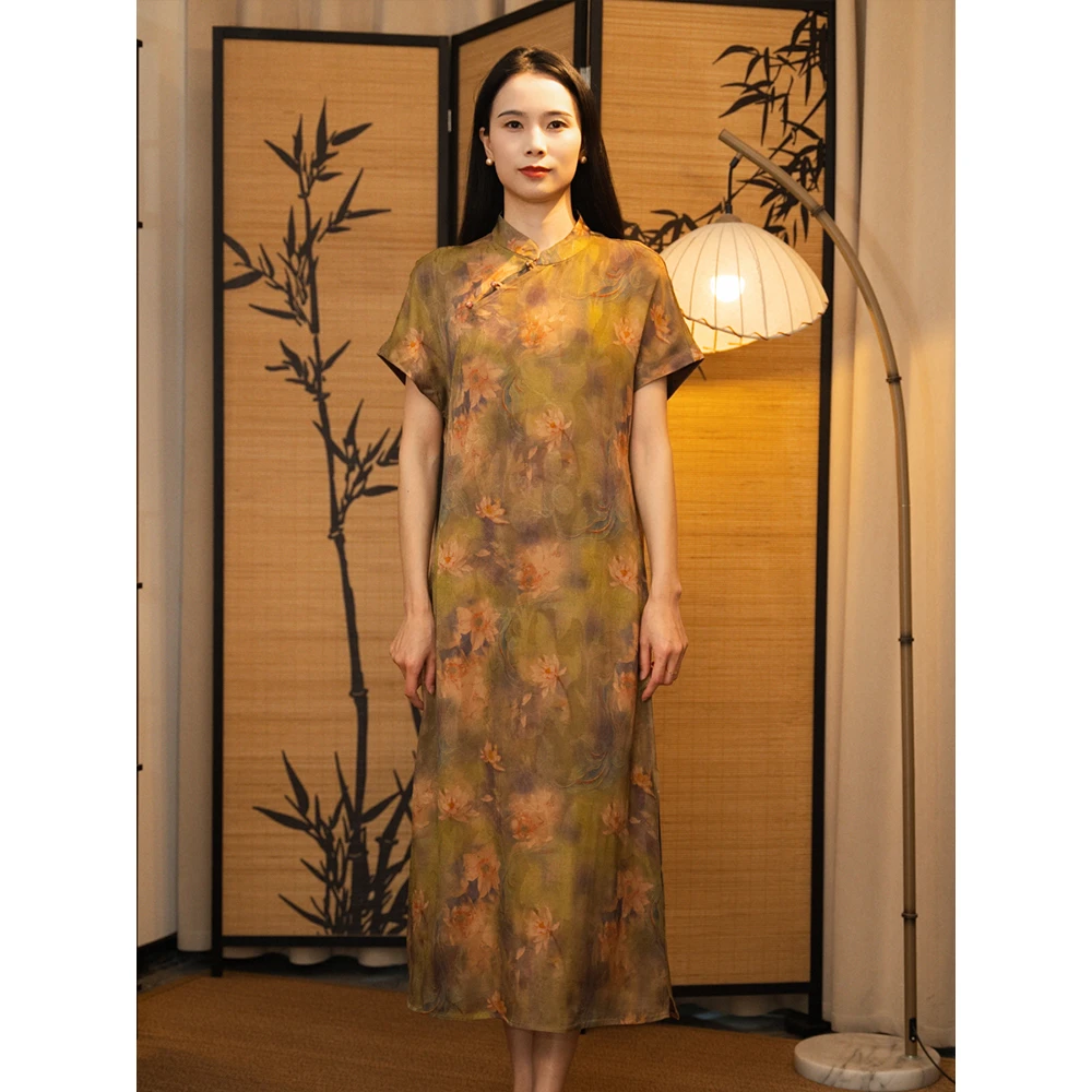 【云归】莨丝阁新款气质盘扣新中式国风立领提花复古连衣裙