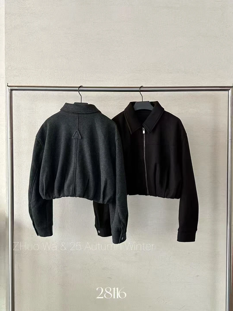鑫燃KIKI 毛呢翻领拉链休闲百搭夹克 2528116 DK