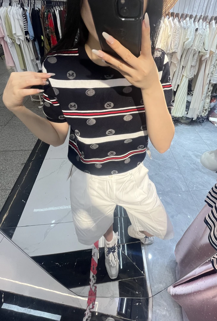短袖条纹圆领宽松型夏季毛针织衫毛衣时尚莫奈花园风