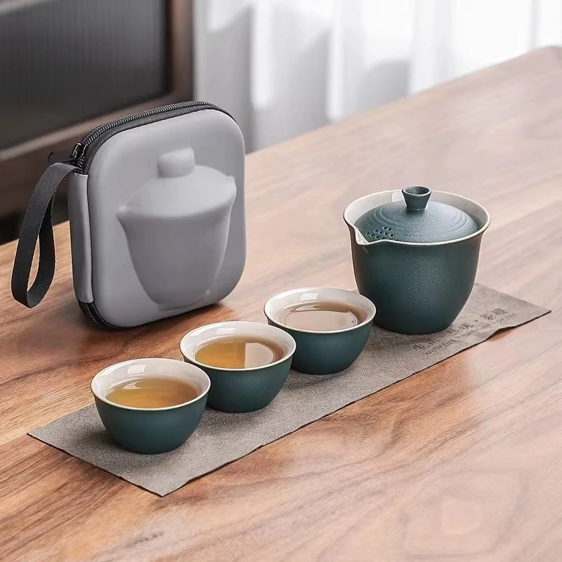 孔雀绿一壶带三杯旅行茶具 F037