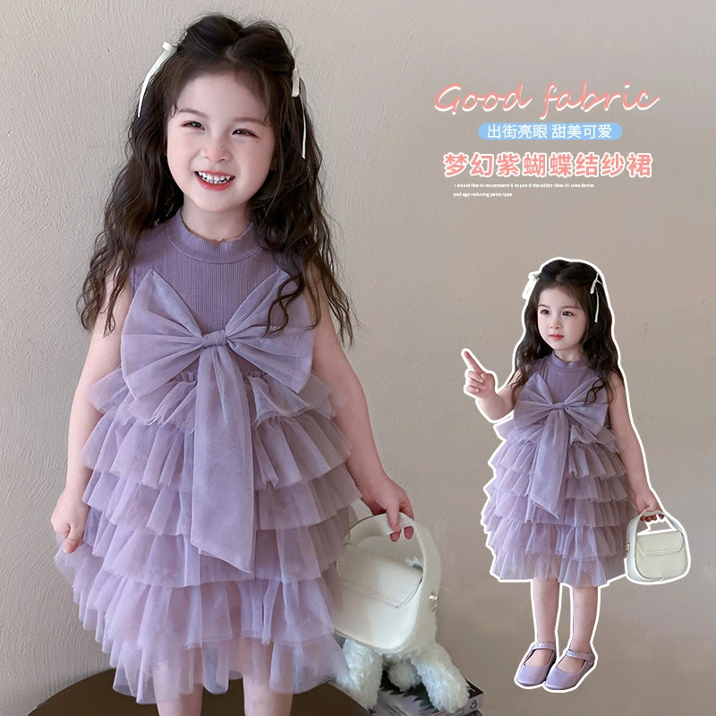 【朵家】女童连衣裙夏装新款儿童洋气无袖蝴蝶结蛋糕裙女宝儿童森系