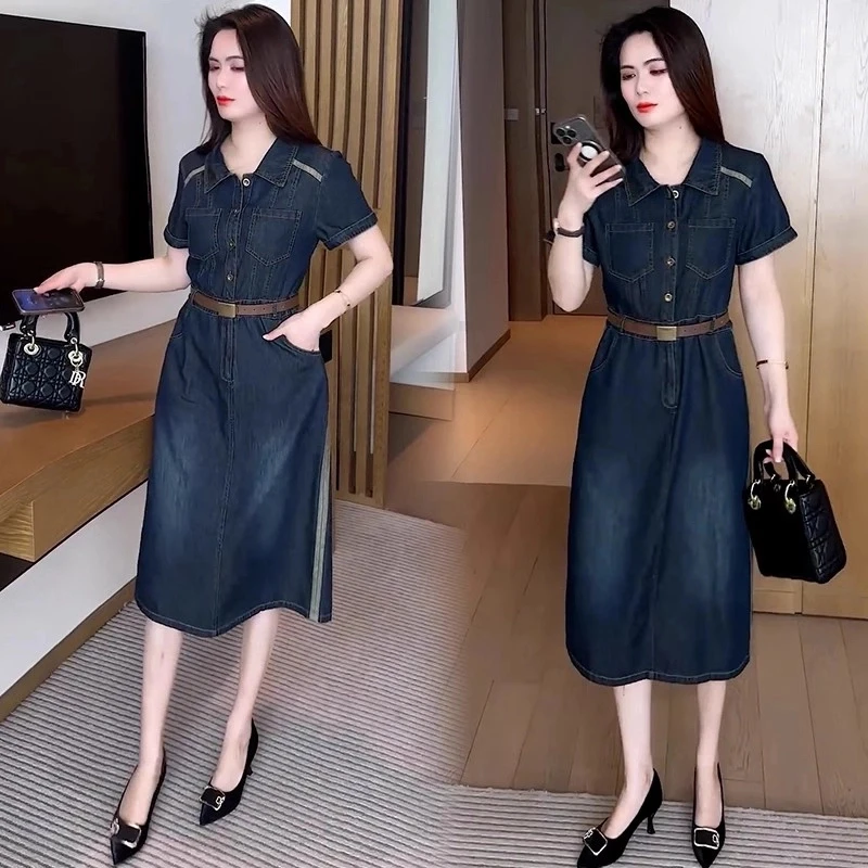 时尚牛仔连衣裙女2025夏季新款洋气质收腰显瘦小个子中长款衬衫裙