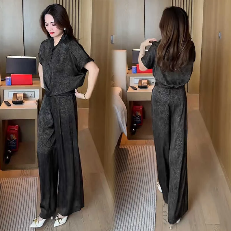 时尚套装女夏季新款时髦洋气提花缎面显瘦气质阔腿裤两件套女士潮