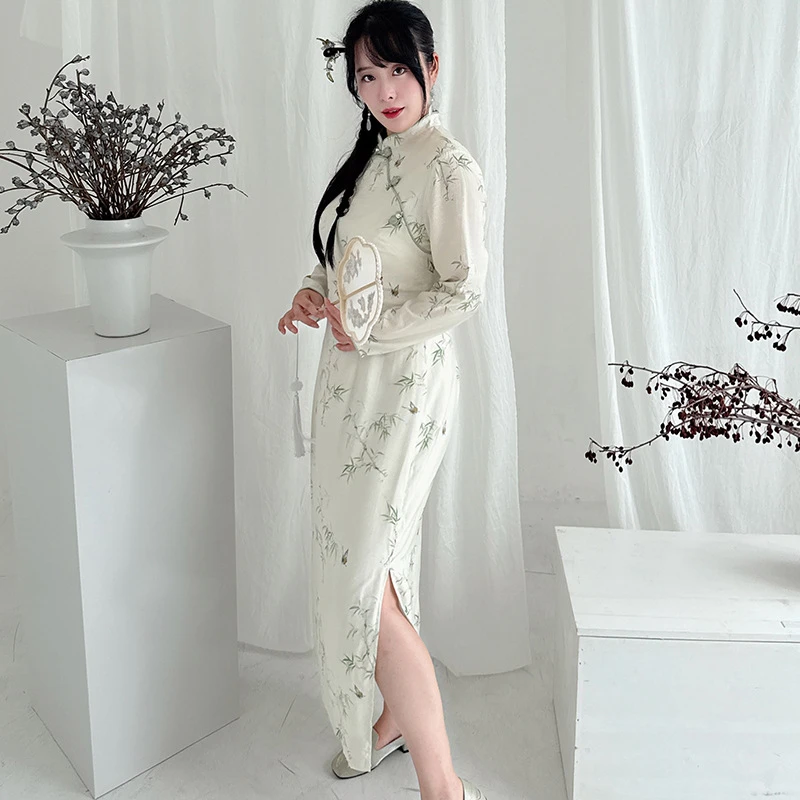 码加加51722中国风秋季绿竹气质优雅复古改良修身显瘦大码旗袍