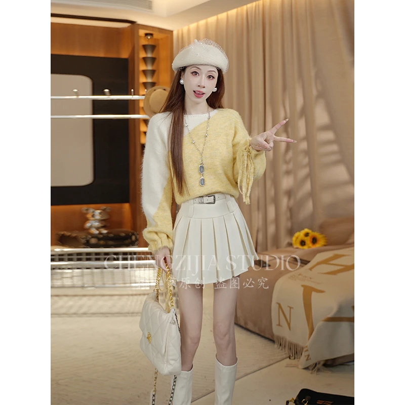 【裴诗婷】MY00054圆领撞色绑带套头毛衣