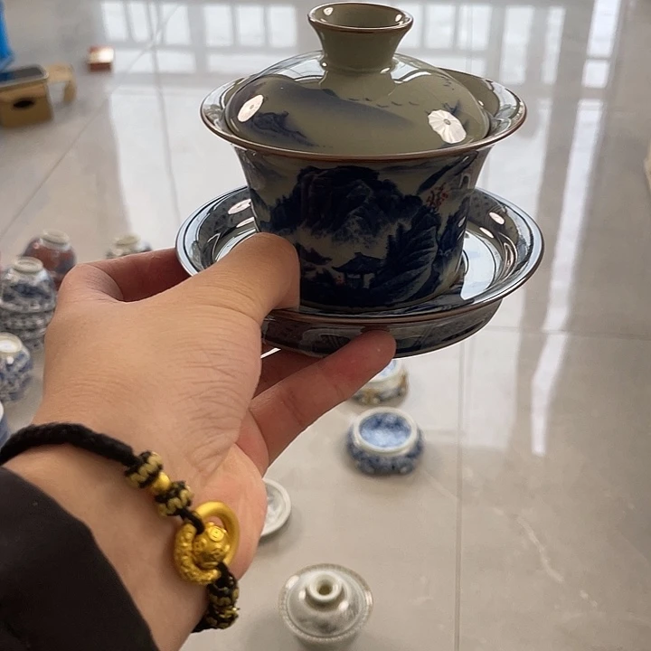 瓷片景德镇老淘泥千里江山三才马蹄盖碗