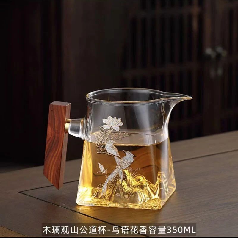 加厚大号木把观山公道杯锤纹日式方形泡茶过滤公道杯茶漏一体