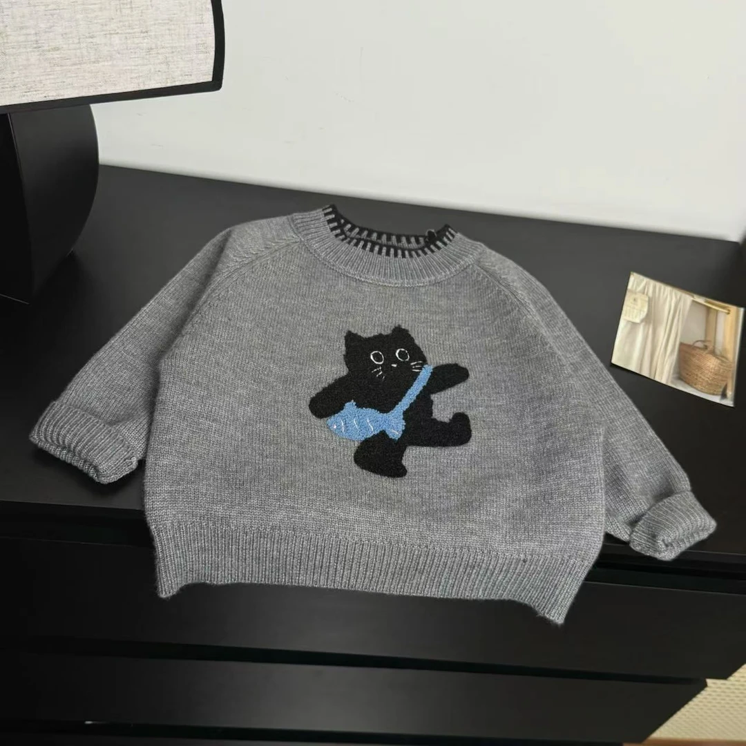 儿童新款针织刺绣小猫针织毛衣圆领男童卡通加厚套头韩版宝宝